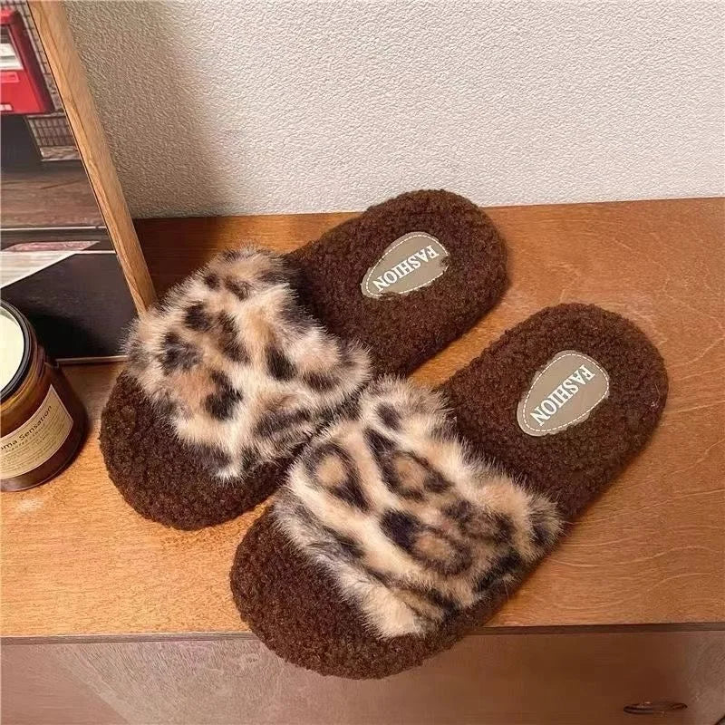 2025 Leopard Print Indoor/Outdoor plush for Slippers for Women Cute Non-Slip Household for Slippers Women's New Autumn Winter