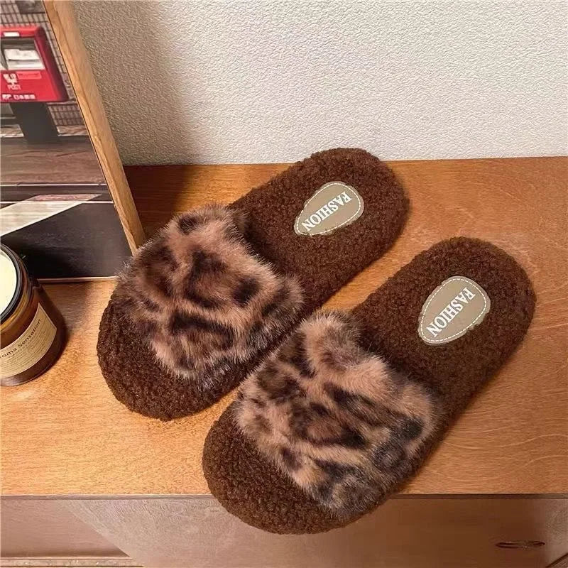 2025 Leopard Print Indoor/Outdoor plush for Slippers for Women Cute Non-Slip Household for Slippers Women's New Autumn Winter