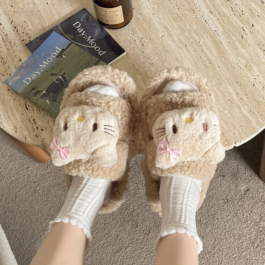 Cute Cartoon Slippers for Women Winter Warm Soft Bottom Indoor House Plush Slippers Couples Non-Slip Flat Heel Home Cotton Shoes