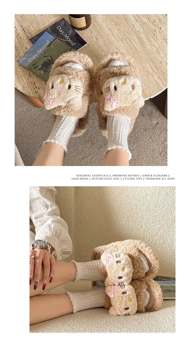 Cute Cartoon Slippers for Women Winter Warm Soft Bottom Indoor House Plush Slippers Couples Non-Slip Flat Heel Home Cotton Shoes