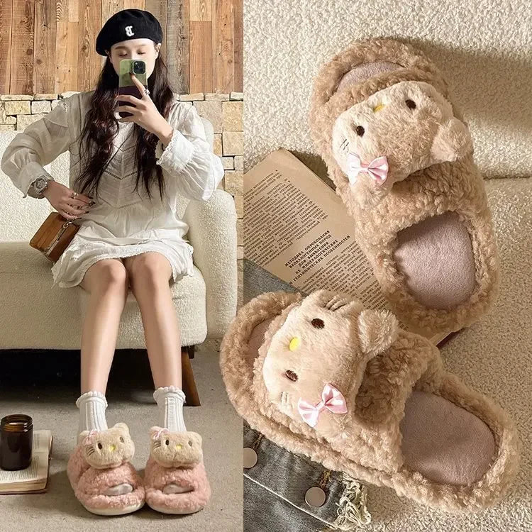 Cute Cartoon Slippers for Women Winter Warm Soft Bottom Indoor House Plush Slippers Couples Non-Slip Flat Heel Home Cotton Shoes