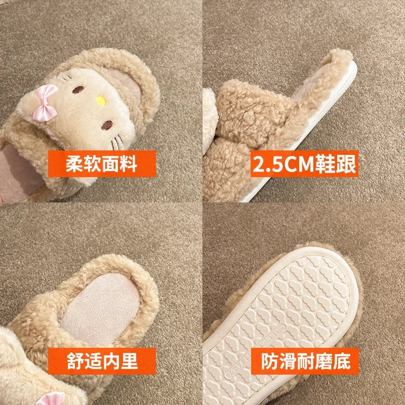Cute Cartoon Slippers for Women Winter Warm Soft Bottom Indoor House Plush Slippers Couples Non-Slip Flat Heel Home Cotton Shoes