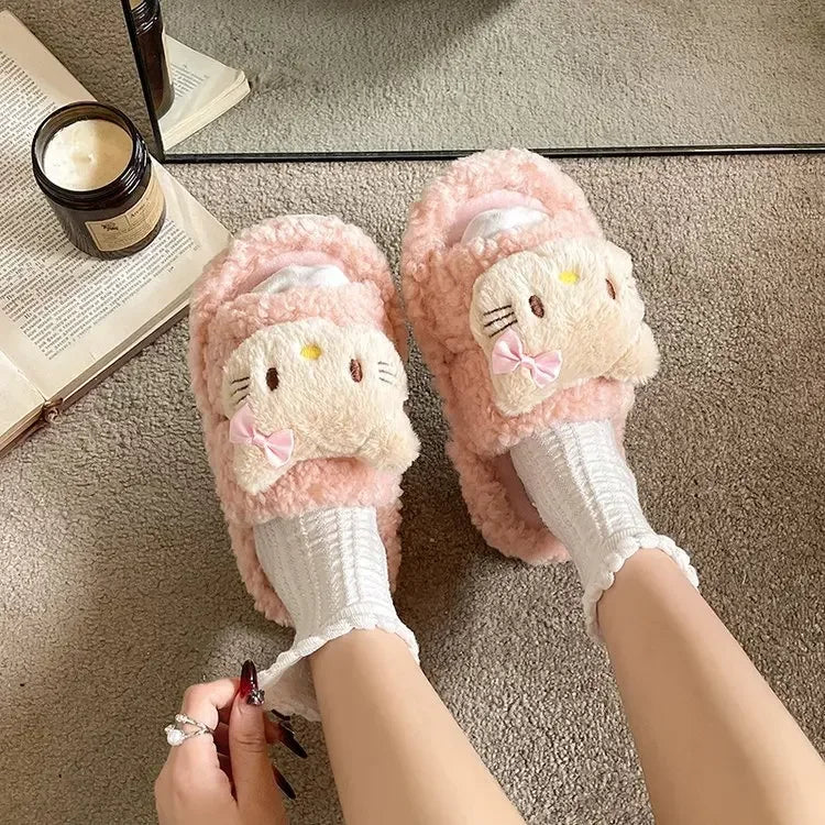 Cute Cartoon Slippers for Women Winter Warm Soft Bottom Indoor House Plush Slippers Couples Non-Slip Flat Heel Home Cotton Shoes
