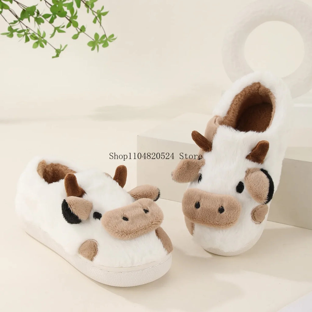 Winter Home Slippers for Couples Warm Plush Neutral Cartoon Cow Indoor Anti Slip Comfortable Cotton Slippers for Men and Women