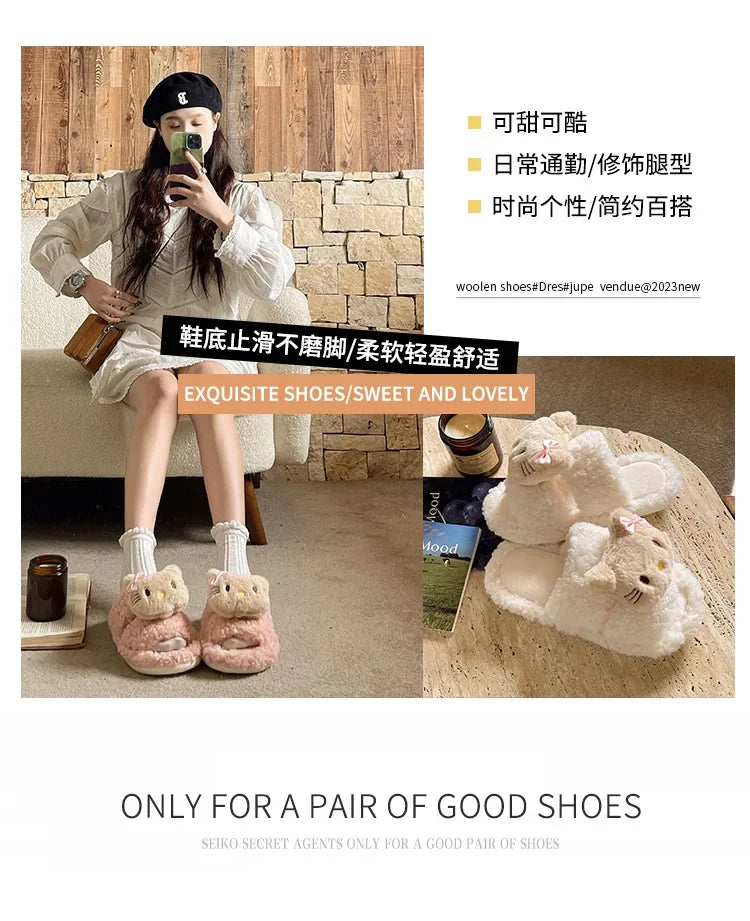 Cute Cartoon Slippers for Women Winter Warm Soft Bottom Indoor House Plush Slippers Couples Non-Slip Flat Heel Home Cotton Shoes