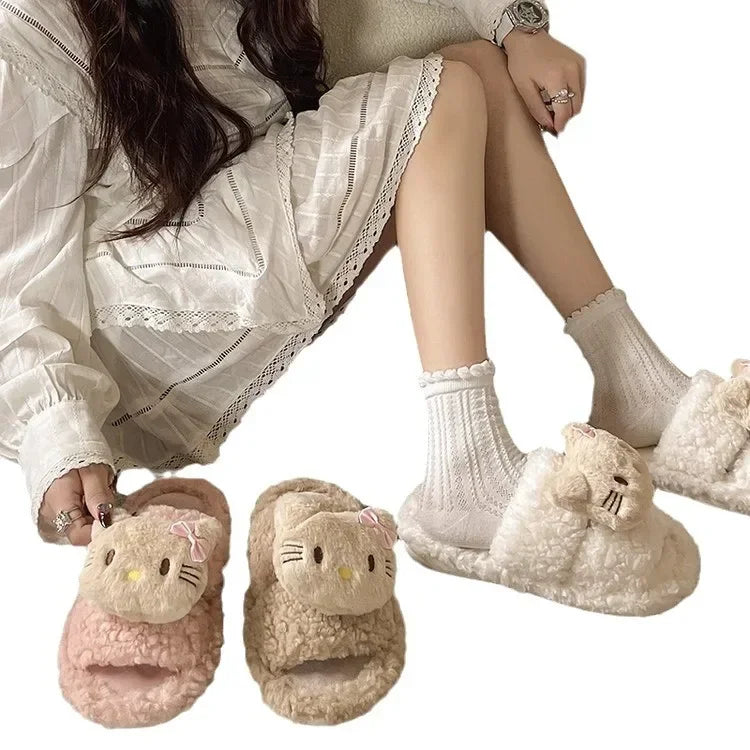 Cute Cartoon Slippers for Women Winter Warm Soft Bottom Indoor House Plush Slippers Couples Non-Slip Flat Heel Home Cotton Shoes