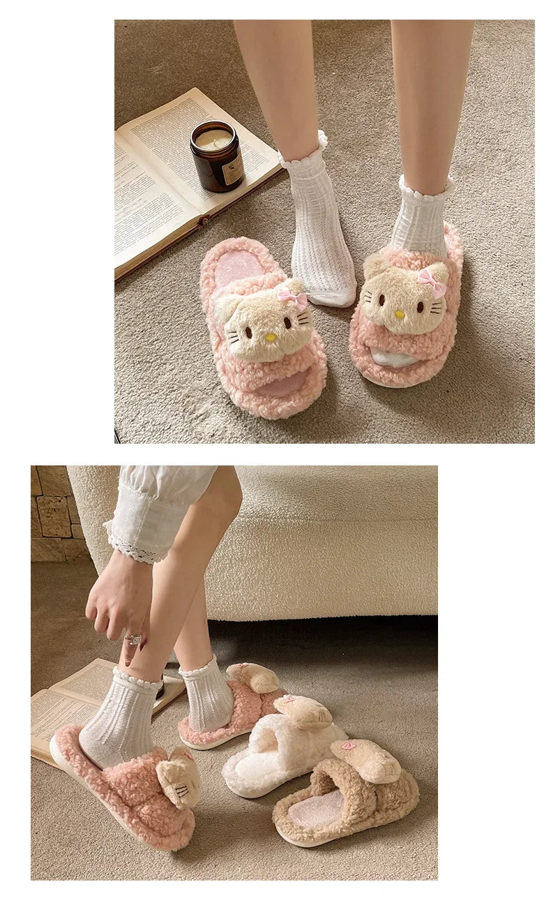 Cute Cartoon Slippers for Women Winter Warm Soft Bottom Indoor House Plush Slippers Couples Non-Slip Flat Heel Home Cotton Shoes